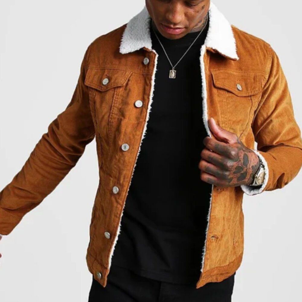 Boohoo MAN Tan Camel Sherpa Borg Collar Corduroy Jacket Cotton Blend Sz: M NWT